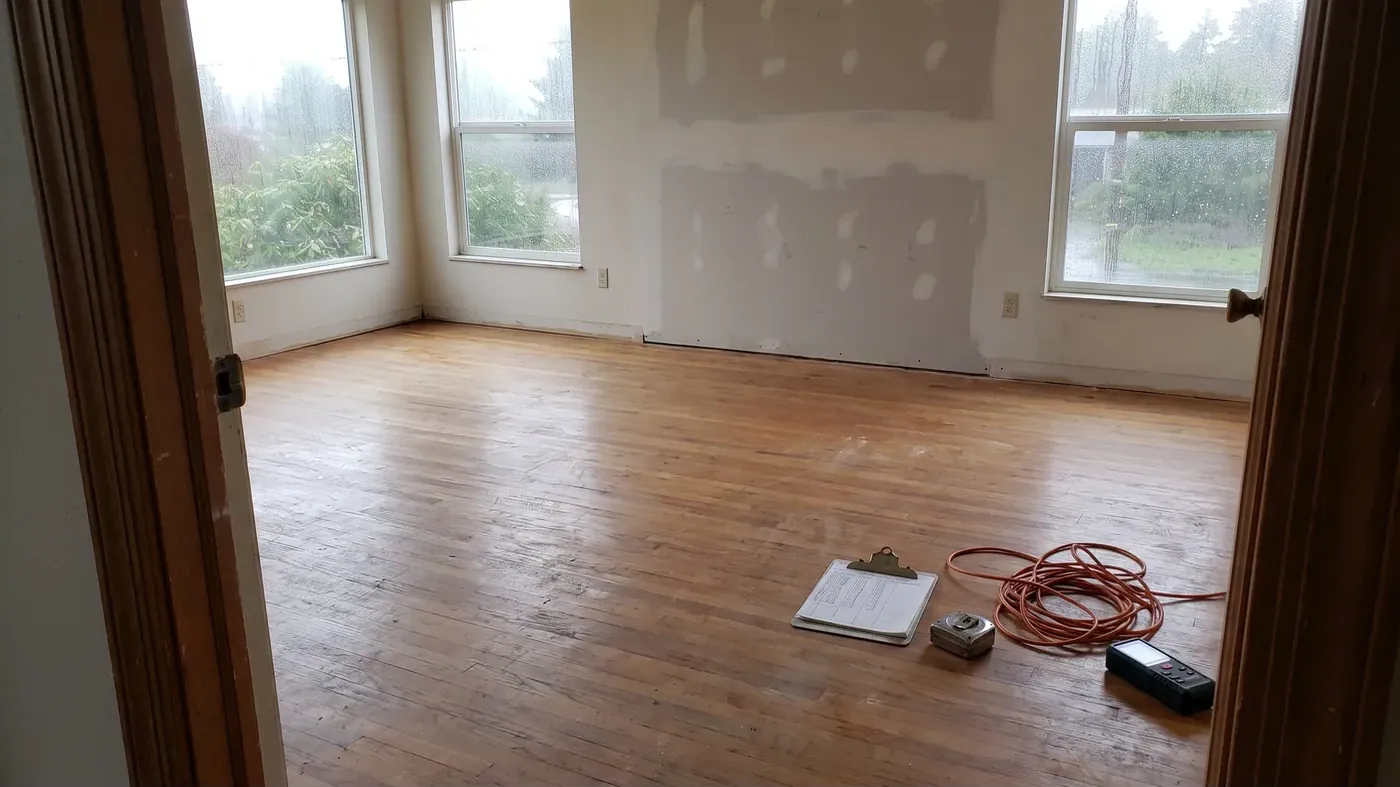 An empty living room in a vacant house on a rainy morning, with bare hardwood floors, patched drywall, and a clipboard, tape measure, laser measure and coiled extension cord left on the floor.