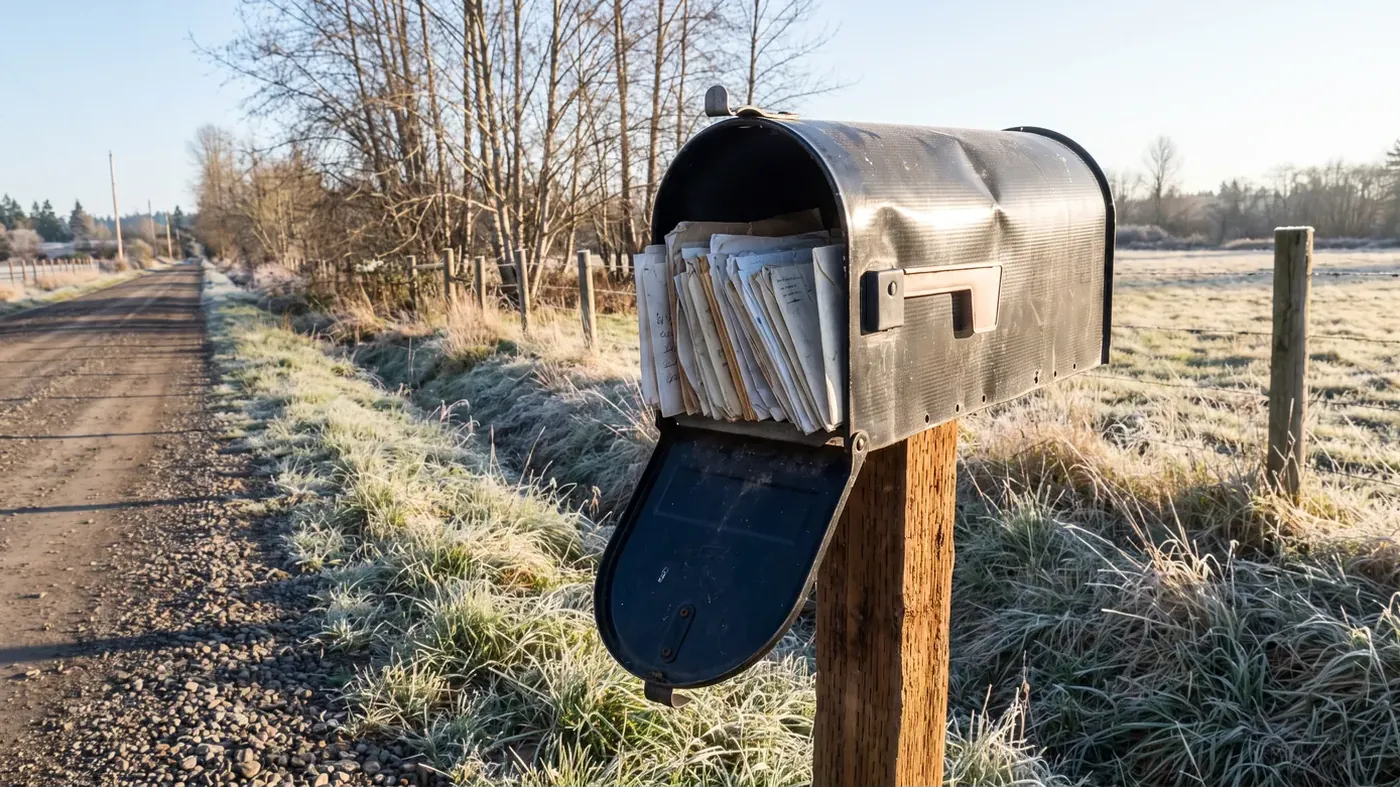 A dented black rural mailbox on a cedar post at the end of a gravel road on a frosty morning, its door hanging open over a thick stack of handwritten envelopes, with frosted grass, bare alders and a fenced field behind.