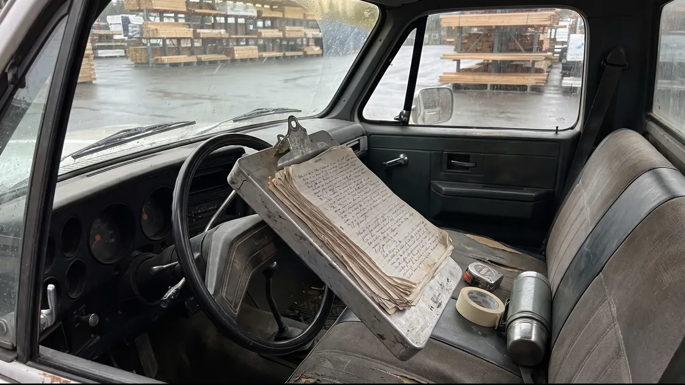 The inside of an older work pickup parked at a building supply yard on a wet overcast afternoon, with a battered aluminum clipboard of dog eared handwritten pages propped on the bench seat beside a tape measure, a roll of masking tape and a dented steel thermos, and stacked lumber racks visible through the windshield.