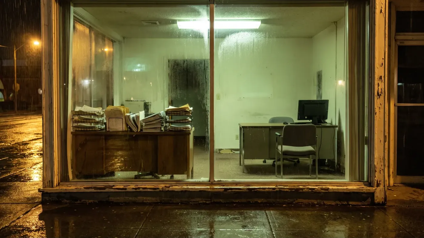 A small ground floor office at night seen from a wet sidewalk through a rain streaked front window, with one desk stacked high in wire trays of paperwork and binders and a second desk bare except for a switched off monitor and an empty chair.