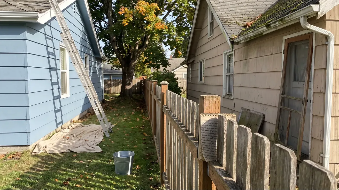 Two neighboring houses along a weathered cedar property line fence on a clear autumn morning, one with freshly painted blue siding and an extension ladder, drop cloth and galvanized bucket on the grass, the other with faded siding, and a handwritten spiral notepad wedged between the fence pickets.