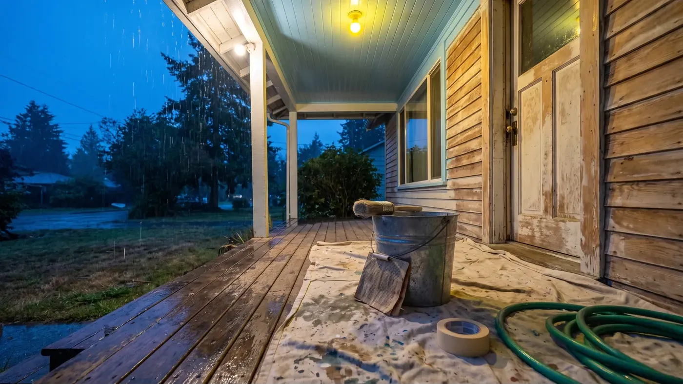 The covered front porch of an older house partway through an exterior repaint at dusk in light rain, with a paint spattered drop cloth, a galvanized bucket, a brush, masking tape and a coiled green hose on the wet deck boards under a lit porch bulb.