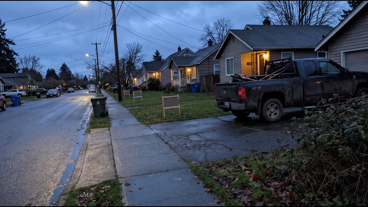 A residential street at dusk with a work pickup in a driveway and small yard signs on lawns down the block.