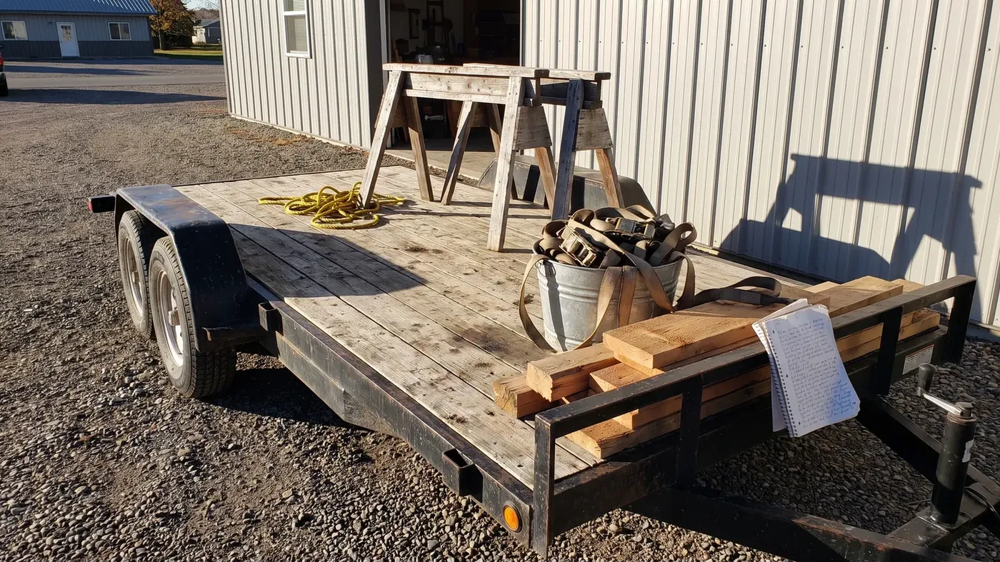 A flatbed utility trailer on gravel behind a metal shop building in low autumn sun, loaded with sawhorses, a coil of yellow rope, a galvanized bucket of ratchet straps, cedar offcuts and an open handwritten spiral notebook.