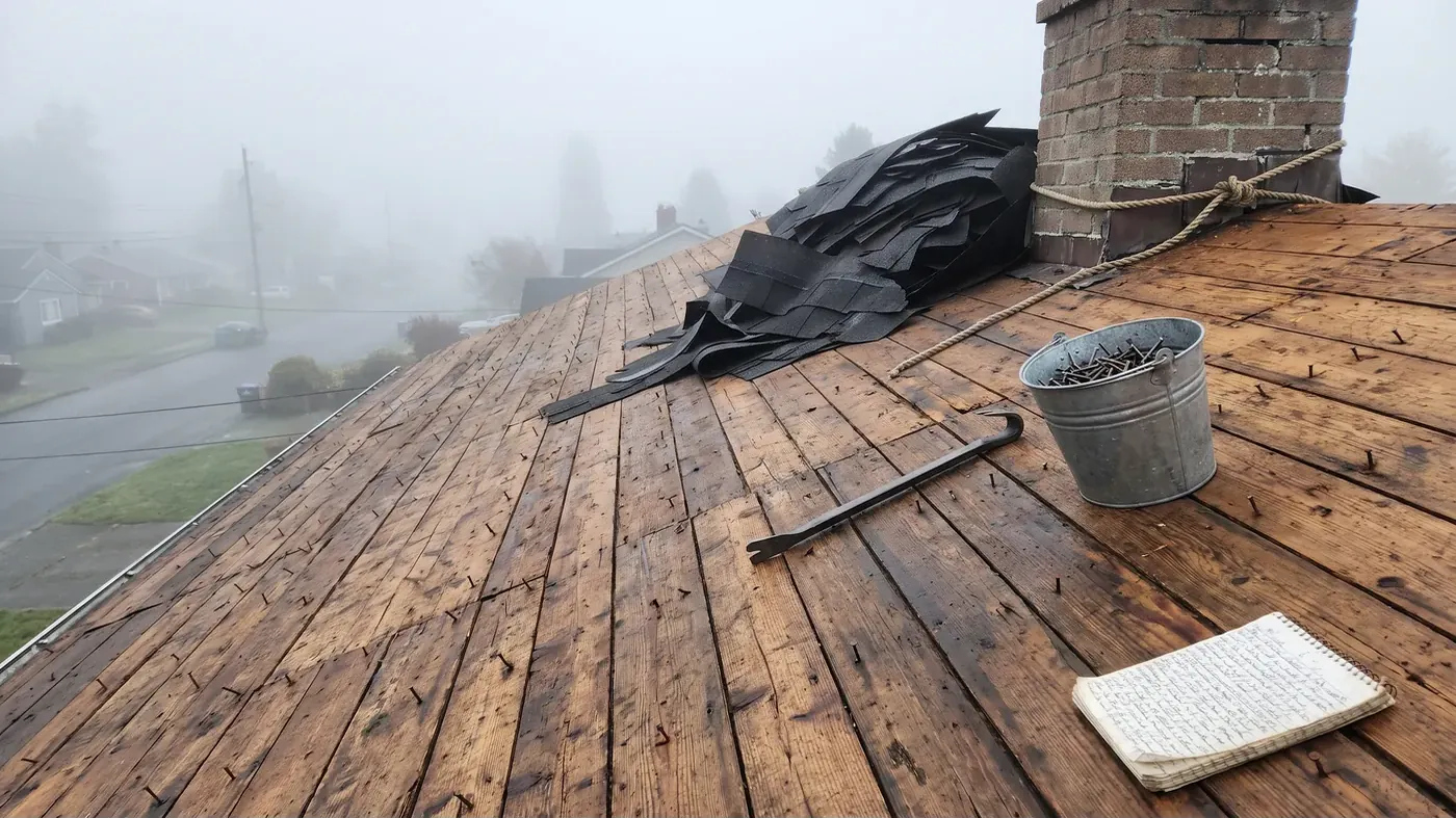Bare wood sheathing on a residential roof partway through a tear off in heavy morning fog, with a pile of torn off shingles beside a brick chimney, a pry bar, a galvanized bucket of bent nails, and an open handwritten spiral notebook lying on the boards.