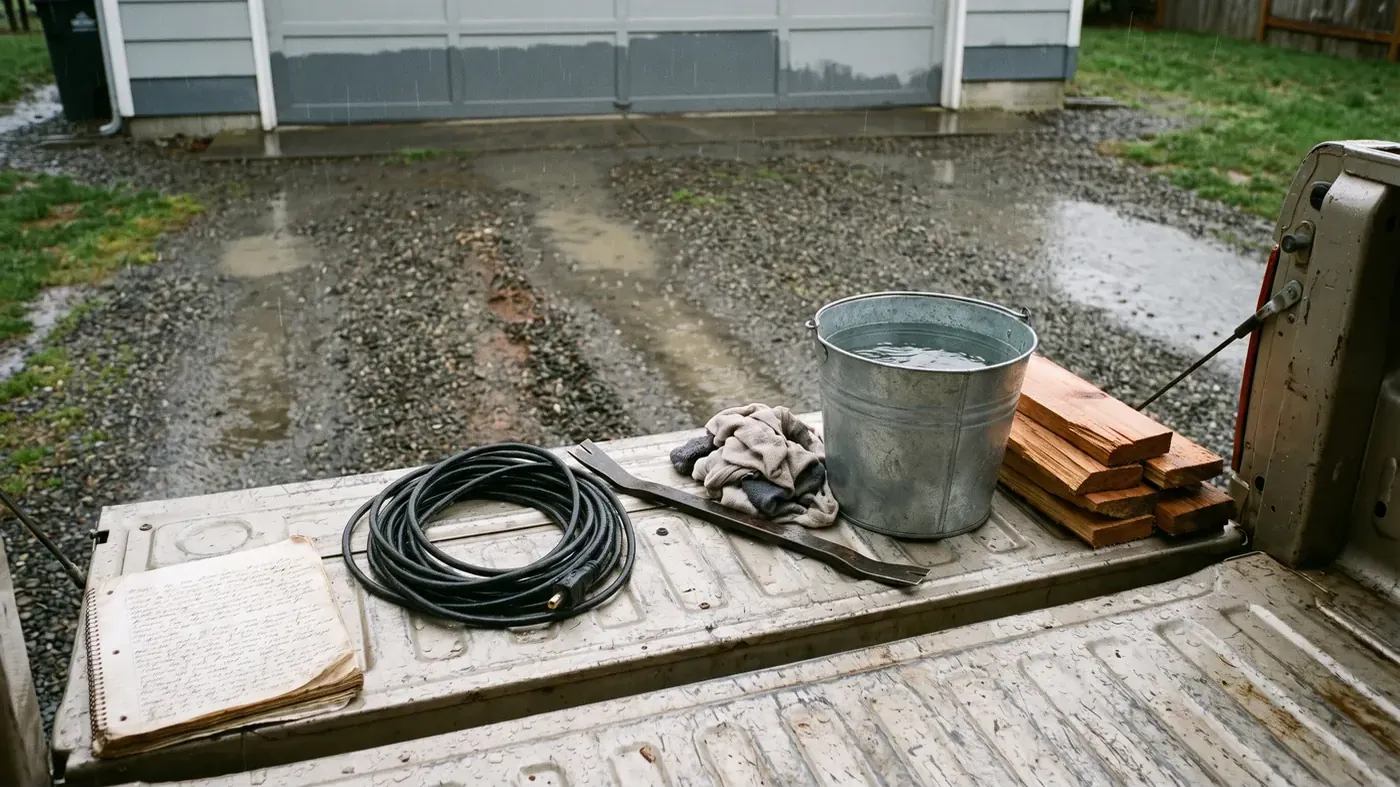 The open tailgate of a work pickup in a rainy gravel driveway, holding a coiled cord, a pry bar, damp rags, a bucket of rainwater, cedar offcuts and an open notebook.