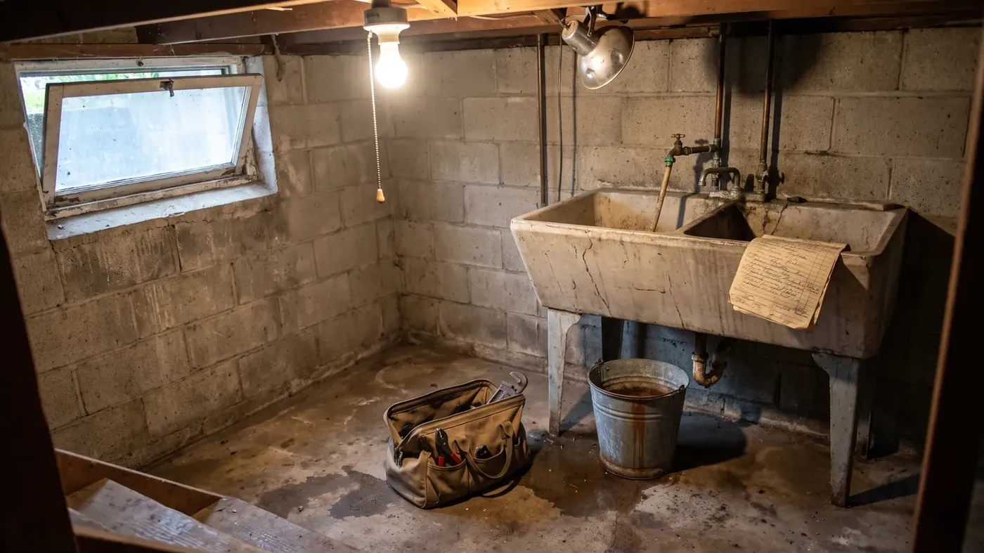 An unfinished basement in an older house on a gray day, with an old concrete laundry sink and exposed copper pipes against a block wall, a handwritten service ticket on the sink rim, a galvanized bucket, and an open canvas tool bag on the damp floor under a bare bulb.