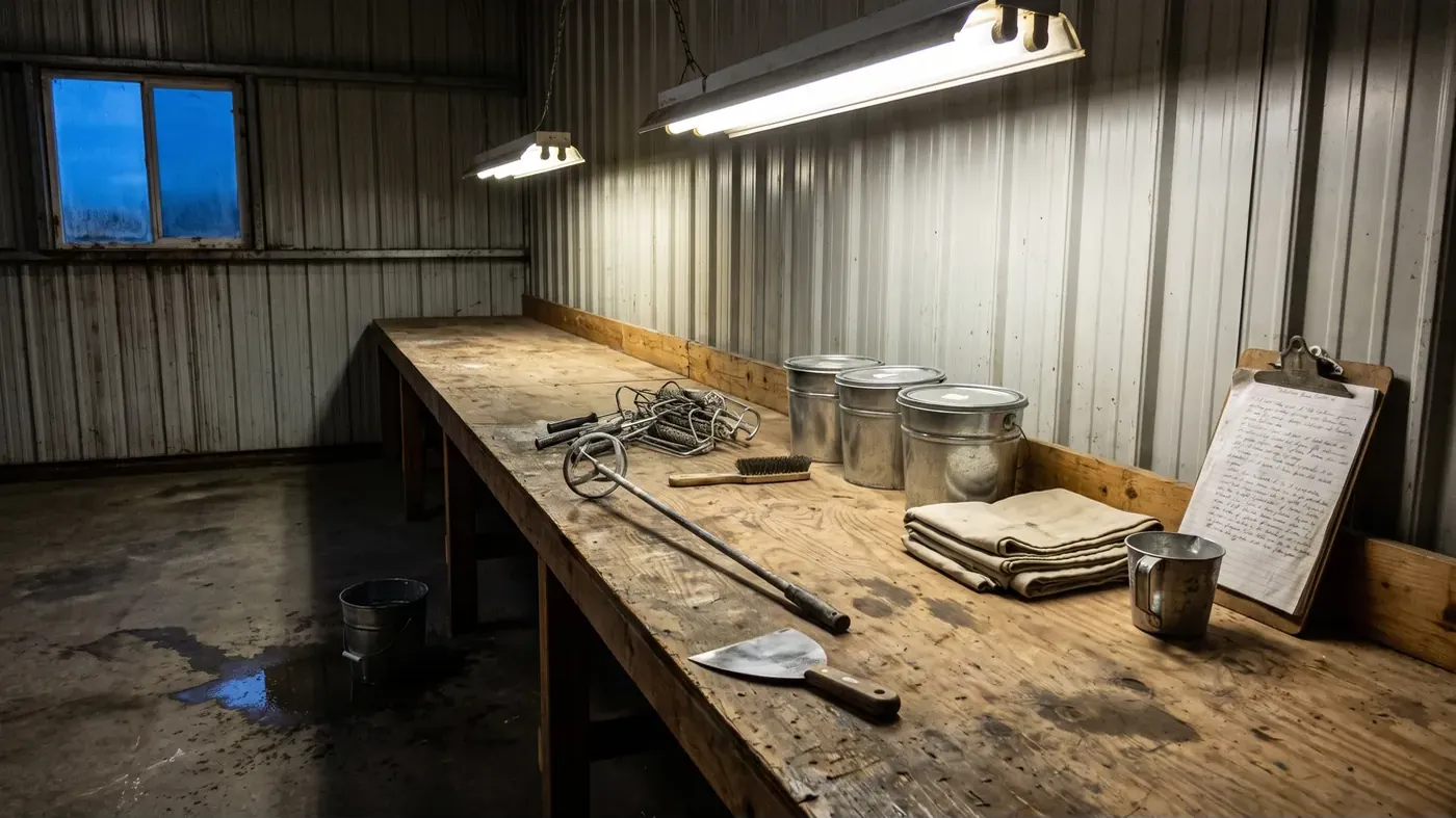 A paint mixing bench along the back wall of a metal shop building at dusk under two shop fluorescent fixtures, loaded with a steel mixing paddle, a putty knife, a wire brush, roller frames, galvanized buckets with loose lids, folded canvas drop cloths and a clipboard of handwritten pages.