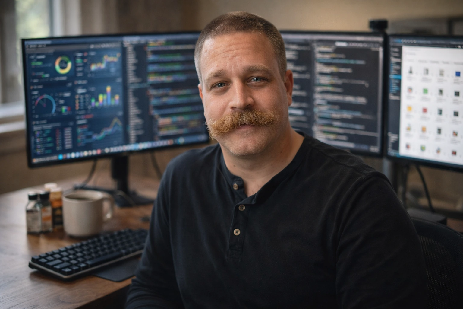 Joshua Hill, founder of Outcomes Automation, at his desk